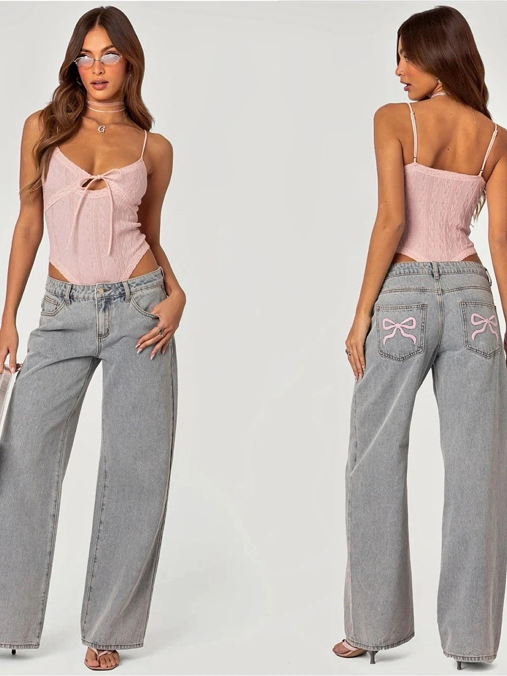 NWT Edikted Bow Pocket Low Rise Baggy Jeans S Light Blue